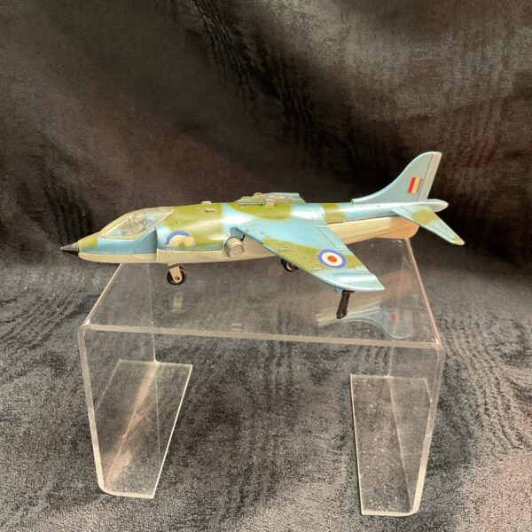 Vintage Dinky Toys RAF Harrier GR1 diecast airplane side view.
