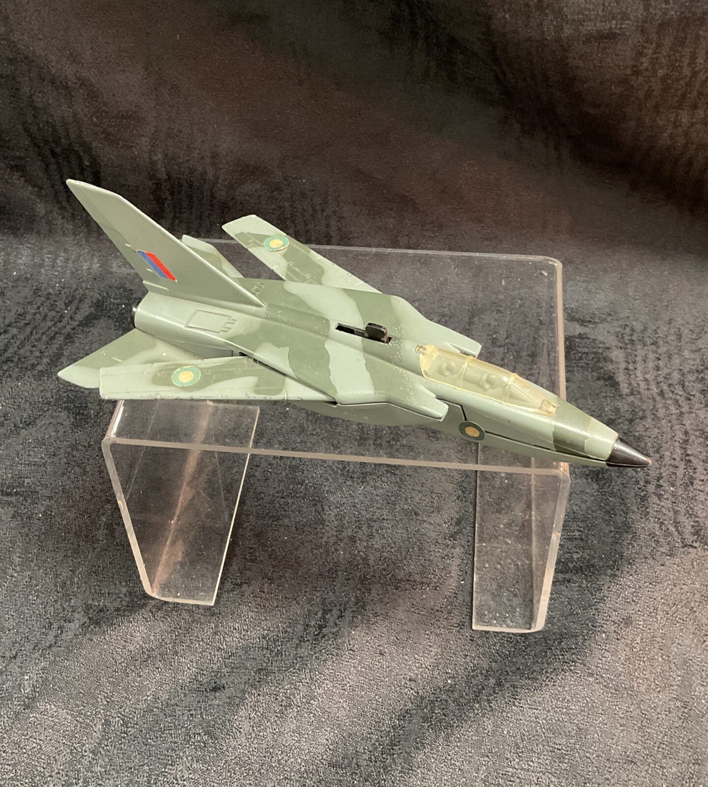 Front view of vintage Dinky Toys RAF Tornado diecast airplane.