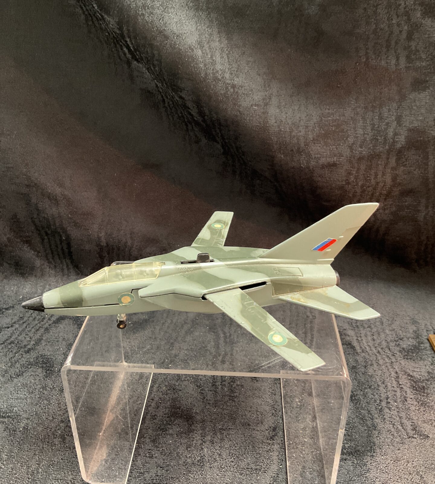 Vintage Dinky Toys RAF Tornado diecast airplane side view.