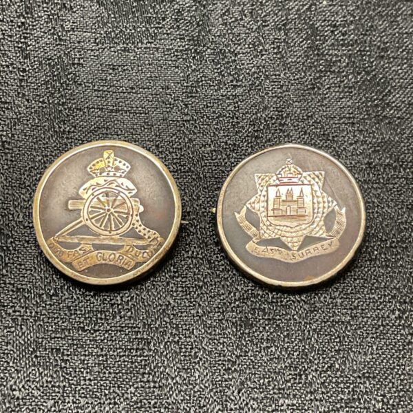 Antique East Surrey silver and tortoiseshell brooch with regimental crest.