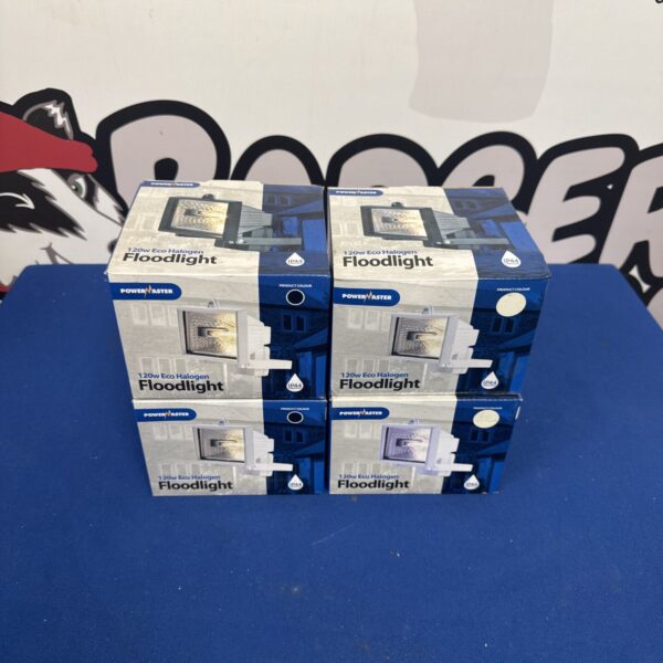 Lot of four Powermaster eco halogen floodlights in packaging.