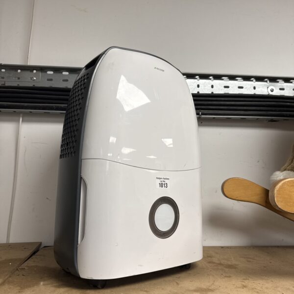 White Ecoair portable dehumidifier unit on a shelf.