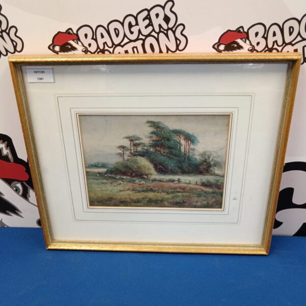 Edwin St John watercolour painting of sheep in a meadow landscape.