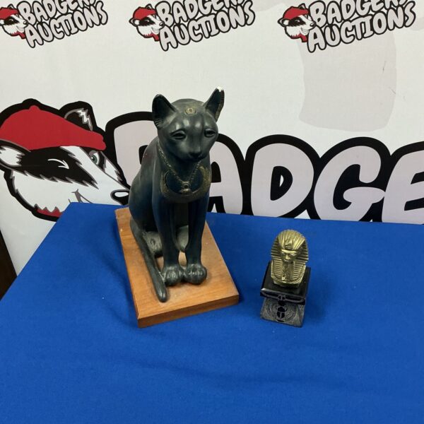 Vintage Egyptian cat figurine with Tutankhamen, collectible decor.