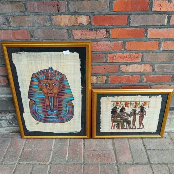 Gilt framed Egyptian papyrus painting of a pharaoh's mask.