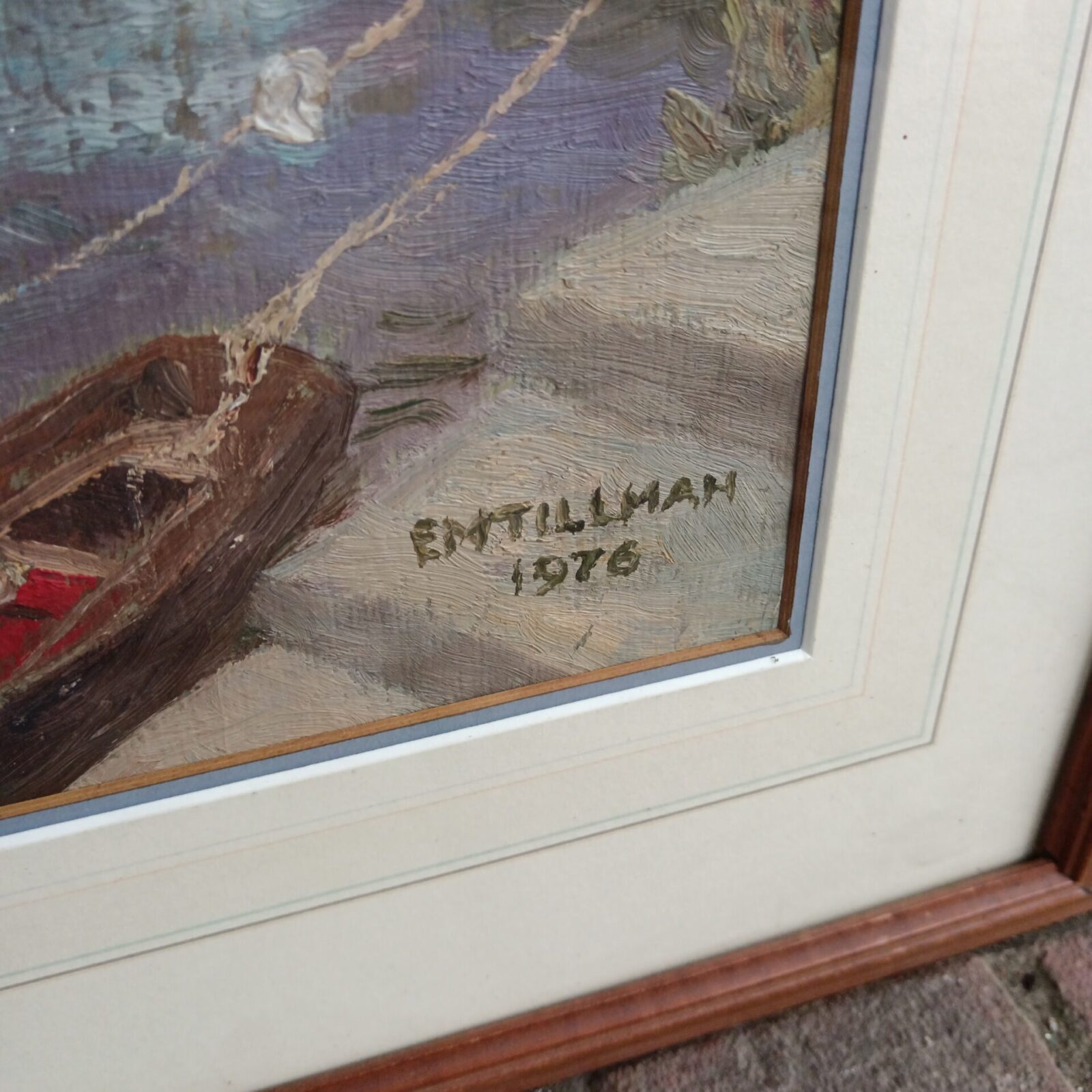 Close-up of E M Tillman's signature on the 1976 Isle of Arran painting.