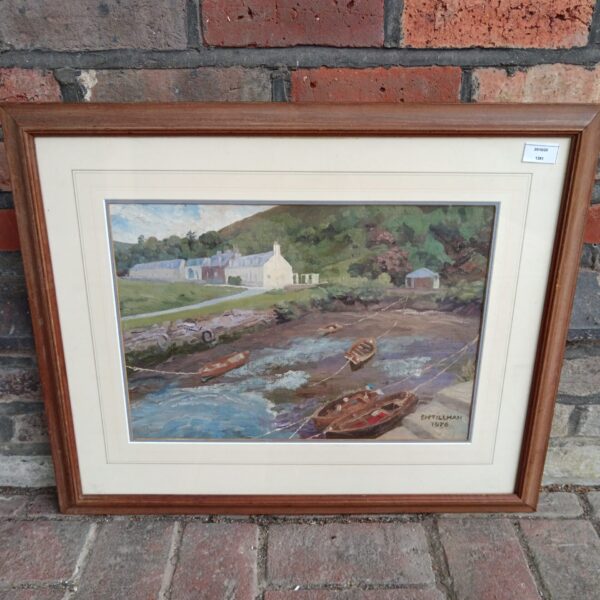 E M Tillman oil painting of Corrie Harbour, Isle of Arran, 1976.