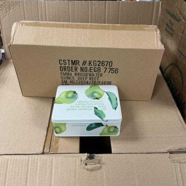 Emma Bridgewater Quince tins in shipping box.