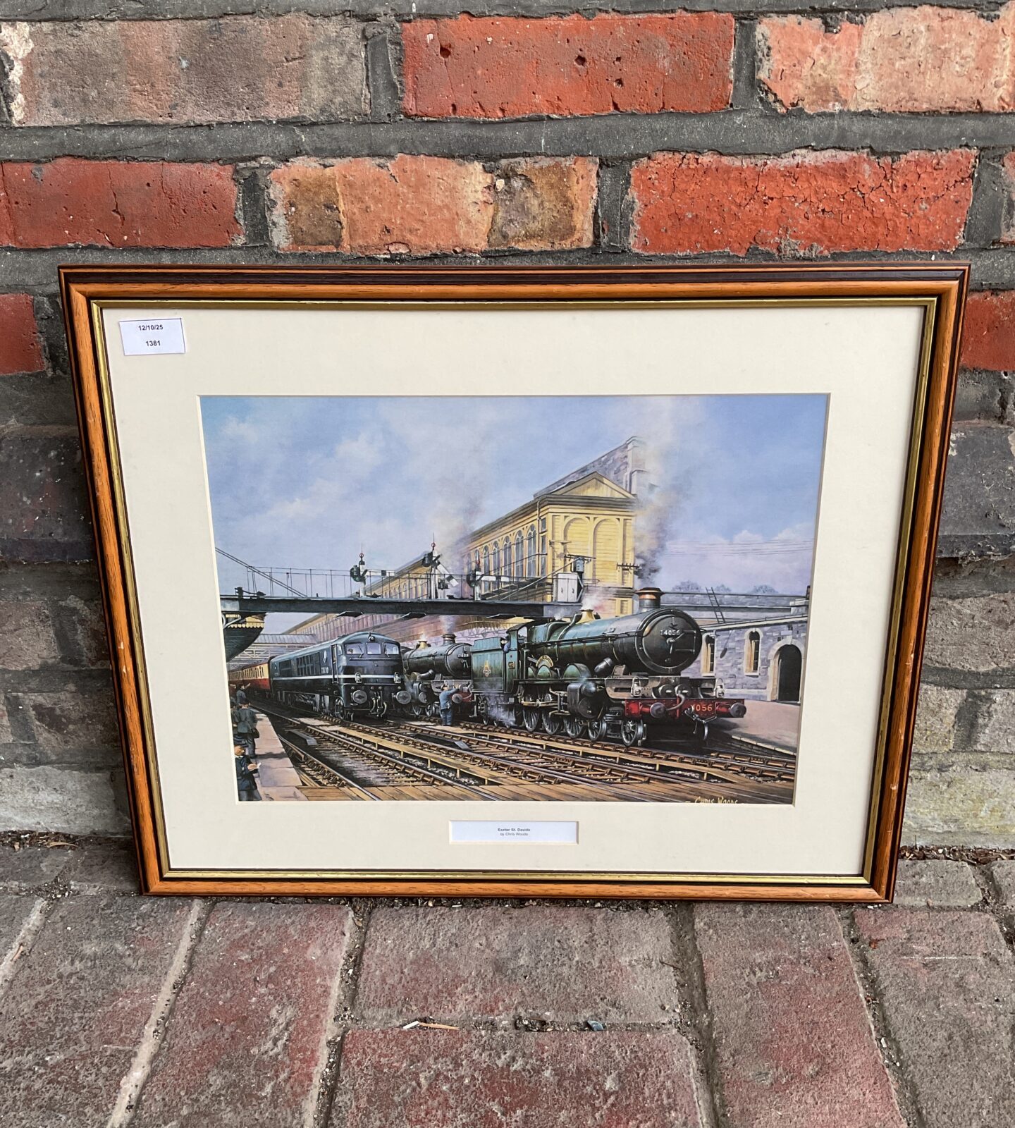 Detailed Chris Woods print of a steam train at Exeter St Davids station.