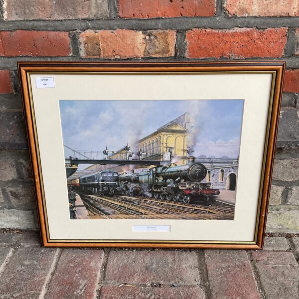 Detailed Chris Woods print of a steam train at Exeter St Davids station.