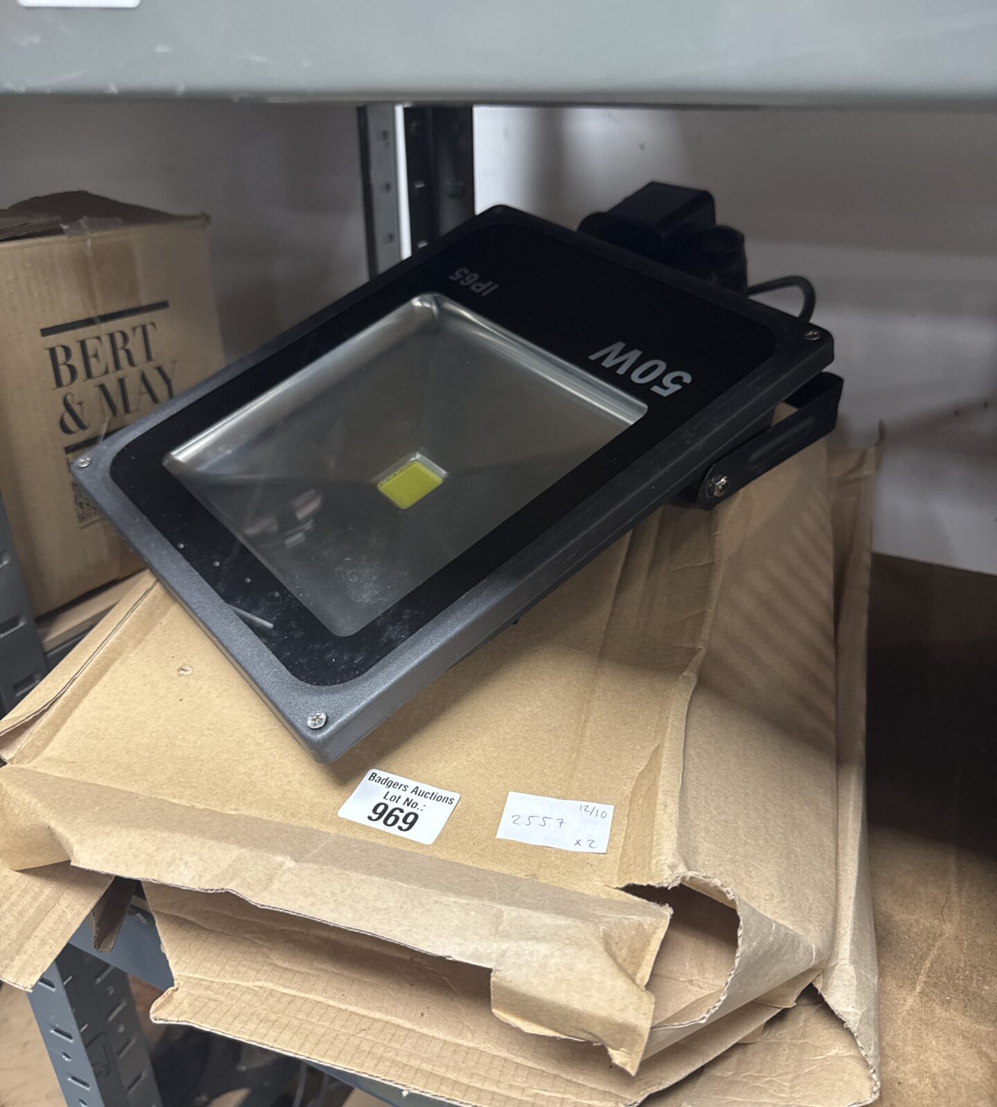 Pair of new 50W exterior floodlights for garden and driveway lighting.