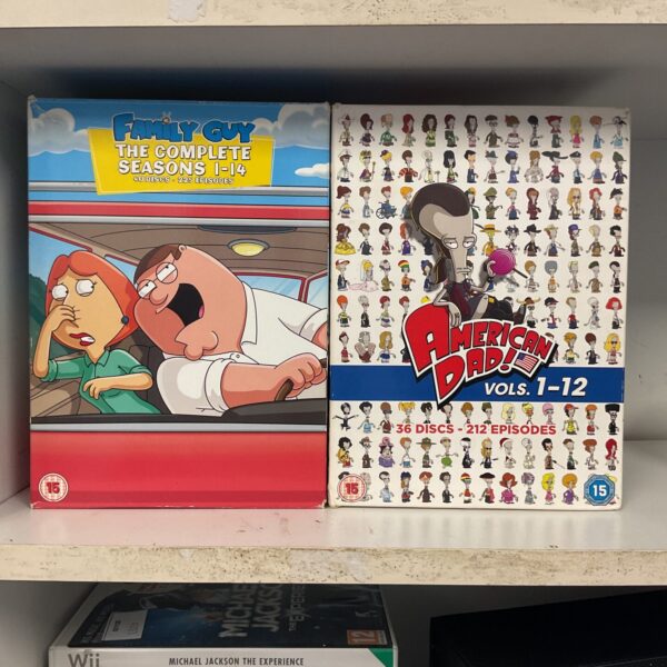 Family Guy and American Dad DVD box sets collection for fans.