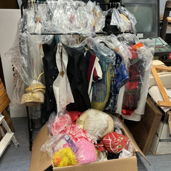 Large lot of diverse fancy dress costumes for various themes.
