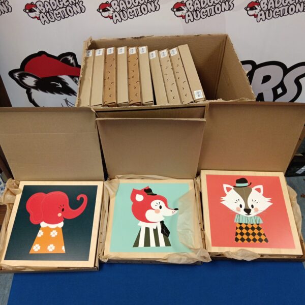 Box of new Ferm Living animal pictures, Danish design, nursery decor.