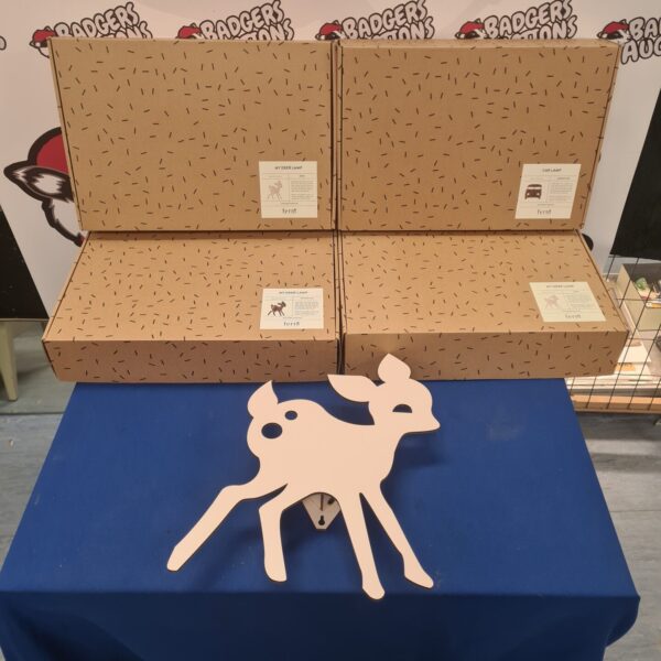 Vintage Ferm wooden lamps lot featuring deer and car designs.