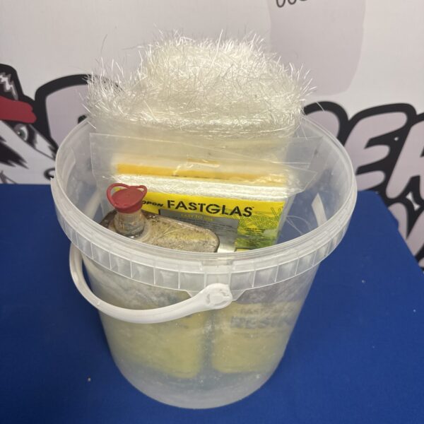 Fibreglass resin kit with bucket and resin tins.