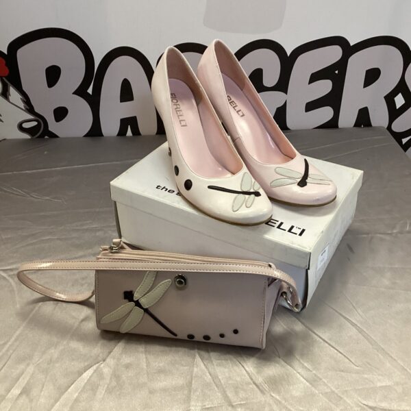 Pink Fiorelli Dragonfly handbag and matching shoes set.