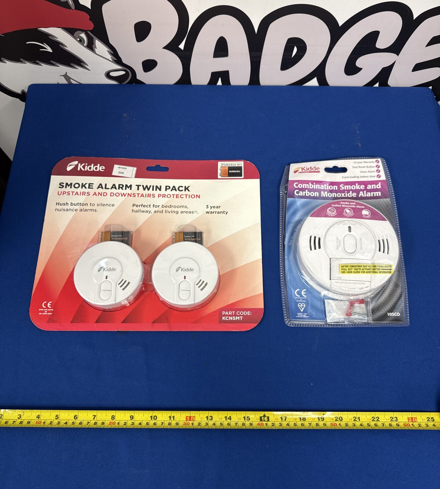 New two-pack of fire and carbon monoxide alarms for home safety.