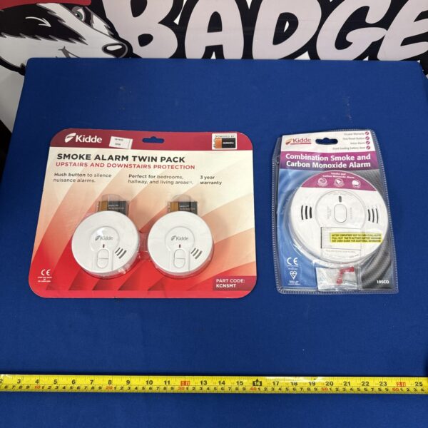 New two-pack of fire and carbon monoxide alarms for home safety.