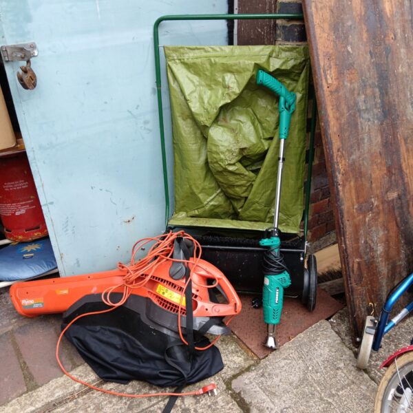 Flymo garden vacuum, leaf sweeper and Ferrex weed burner combination.