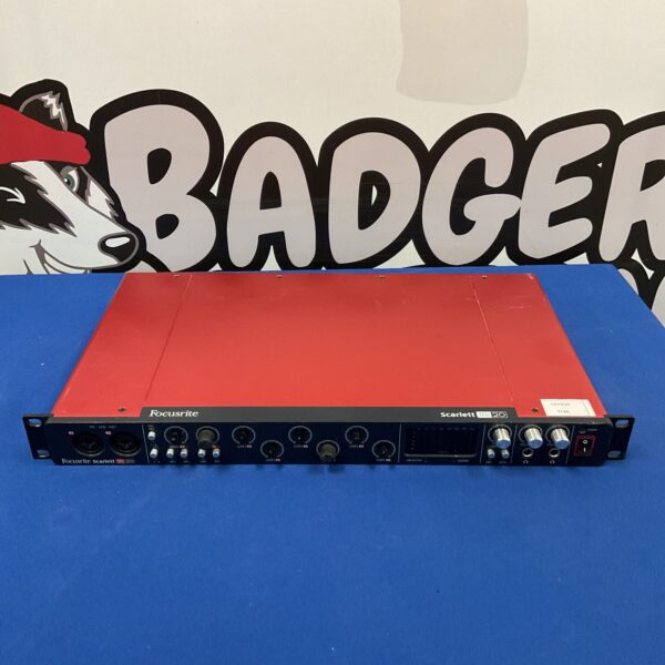 Front view of the Focusrite Scarlett 18i20 audio interface with knobs and inputs.