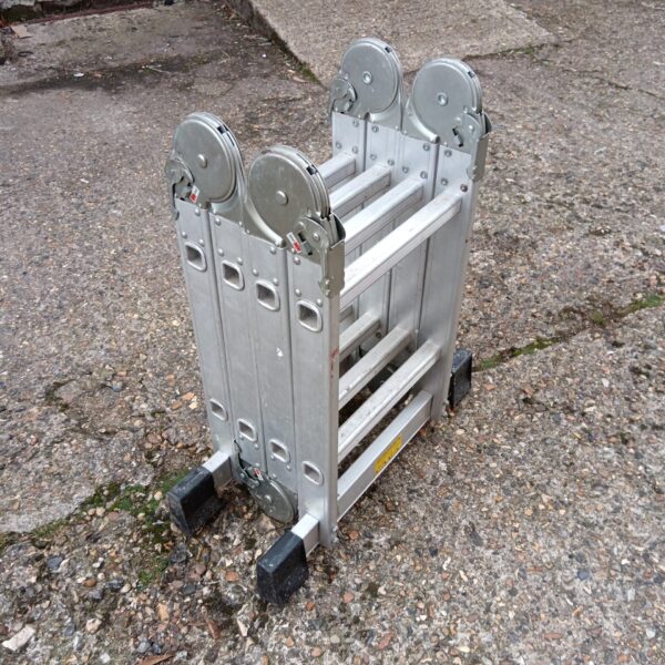Silver folding aluminium ladder with black feet.