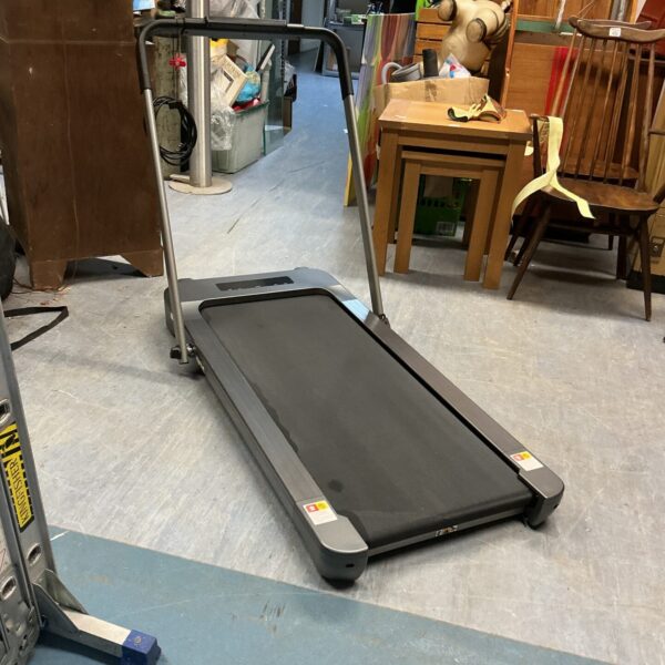 Compact folding treadmill for home cardio workouts and easy storage.