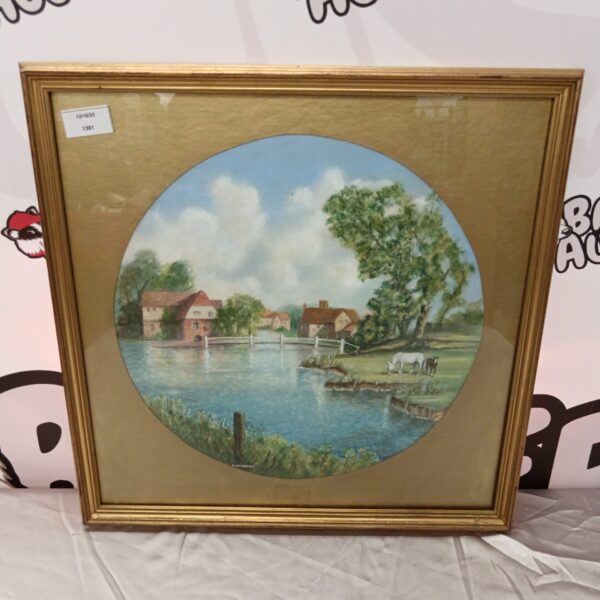 F R Weatherall river scene painting with mill and horse.