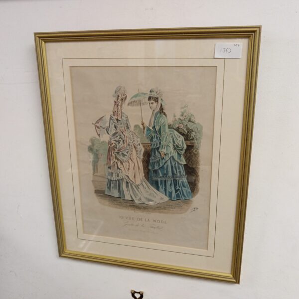 1872 hand coloured engraving of elegant French ladies in Victorian fashion.