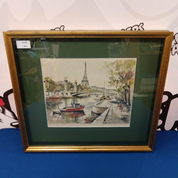 Signed French watercolour painting of Paris and Pont Alexandre III.