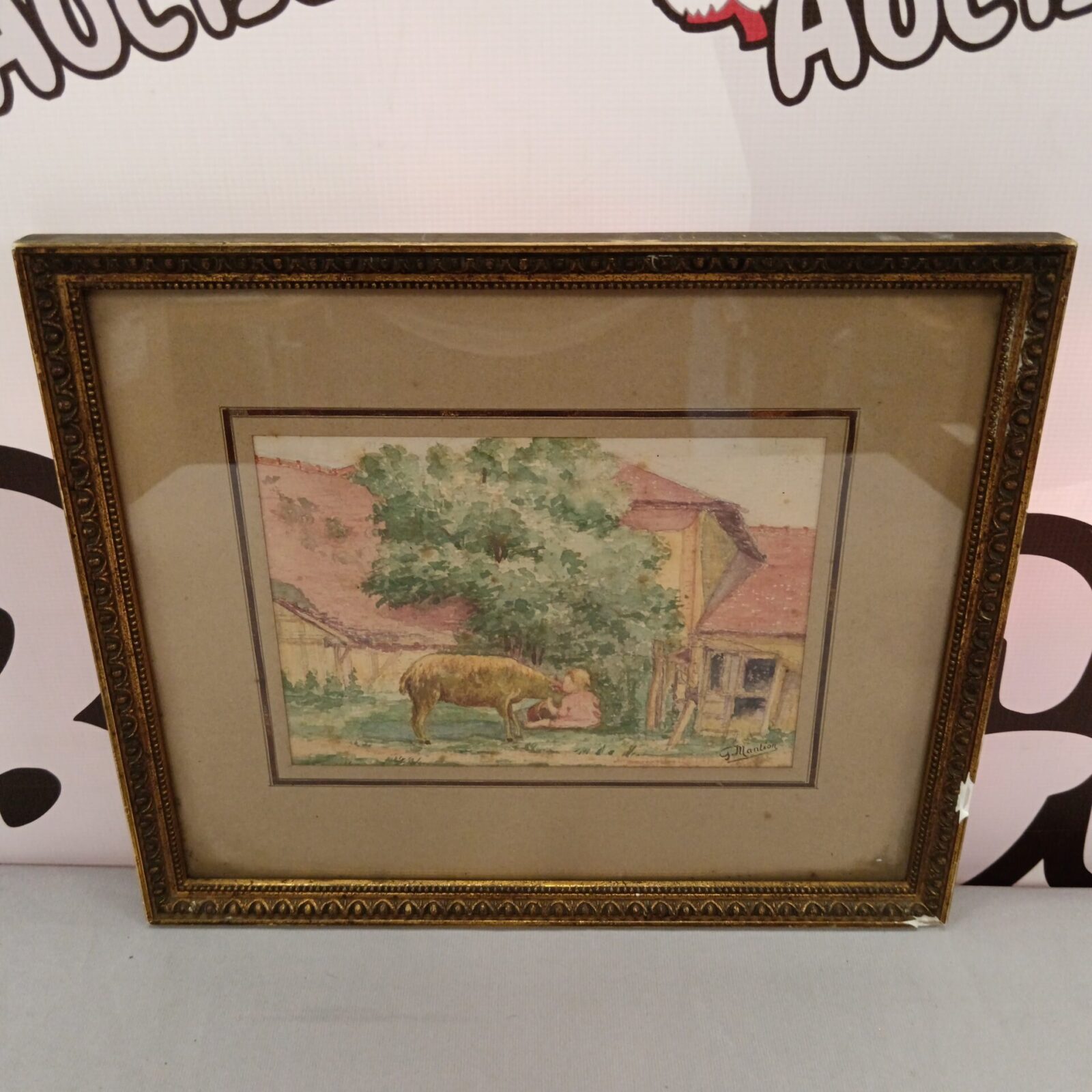 Vintage watercolour painting of a girl with sheep by G Mantion.