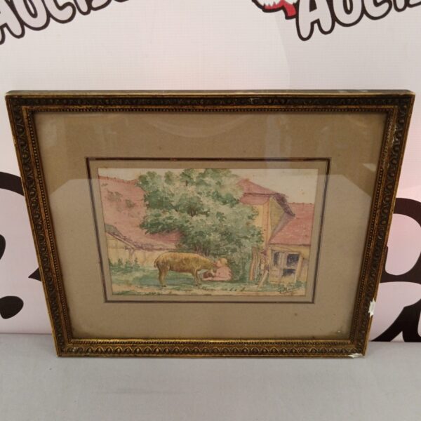 Vintage watercolour painting of a girl with sheep by G Mantion.