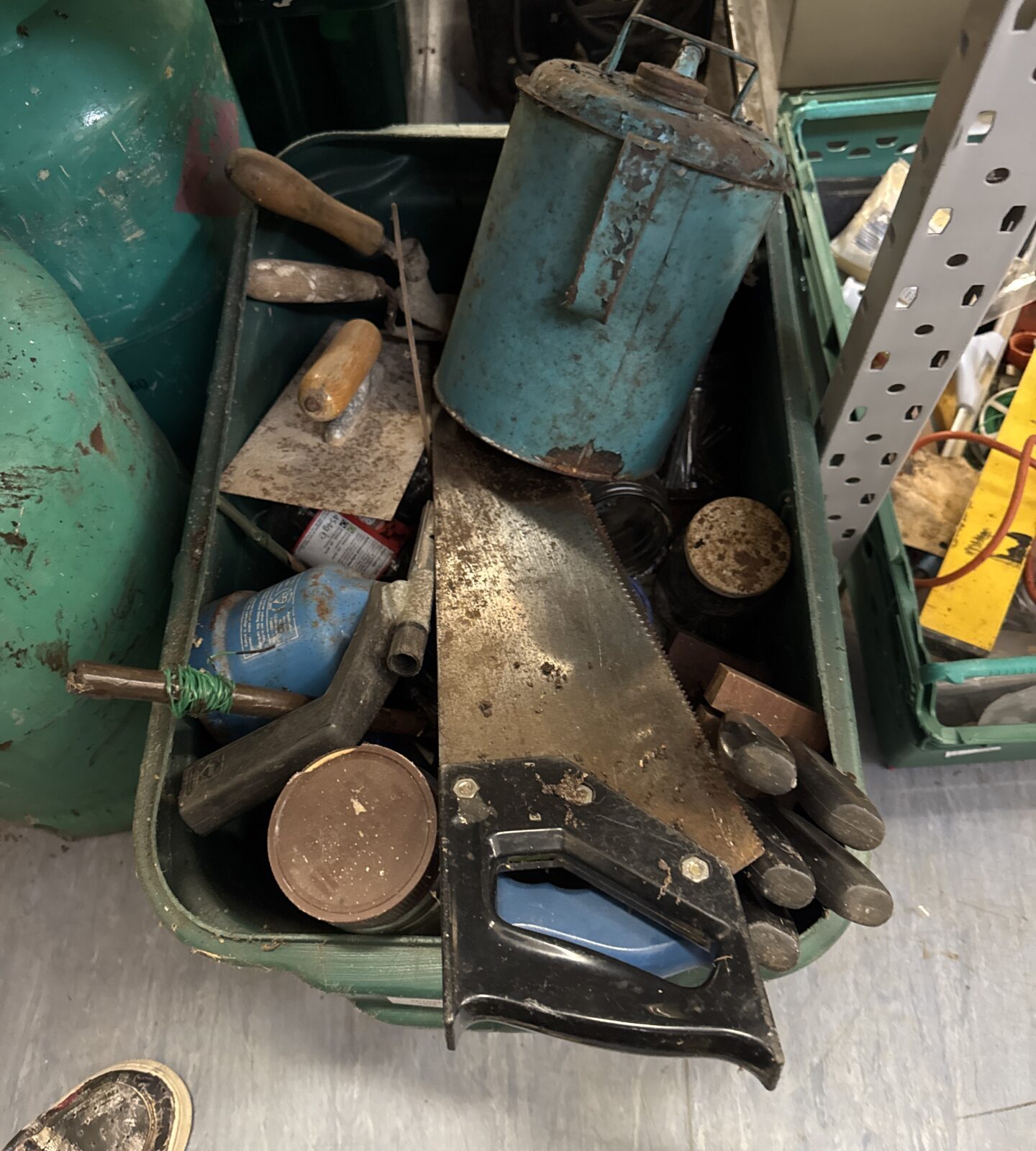 Tray of mixed garage clearance items and tools.