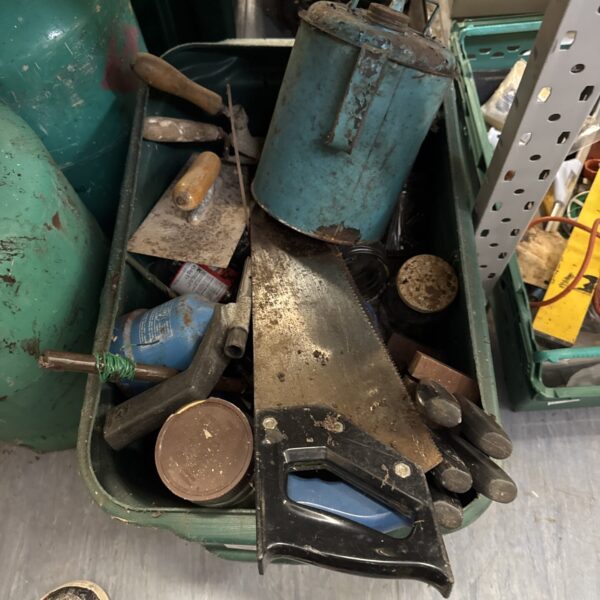Tray of mixed garage clearance items and tools.