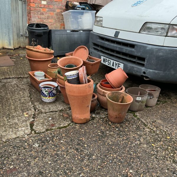 Assorted terracotta garden pots and planters in a garden setting.