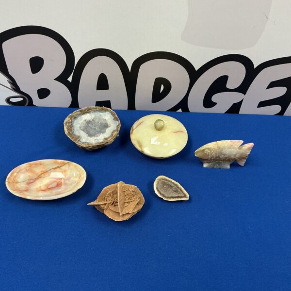 Selection of geode halves and fossilized rocks for collectors.