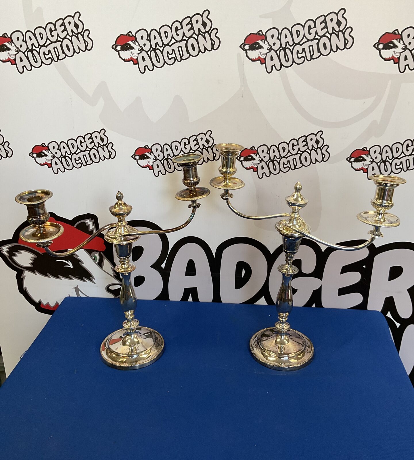 Antique Georgian style silver plate candelabra pair.