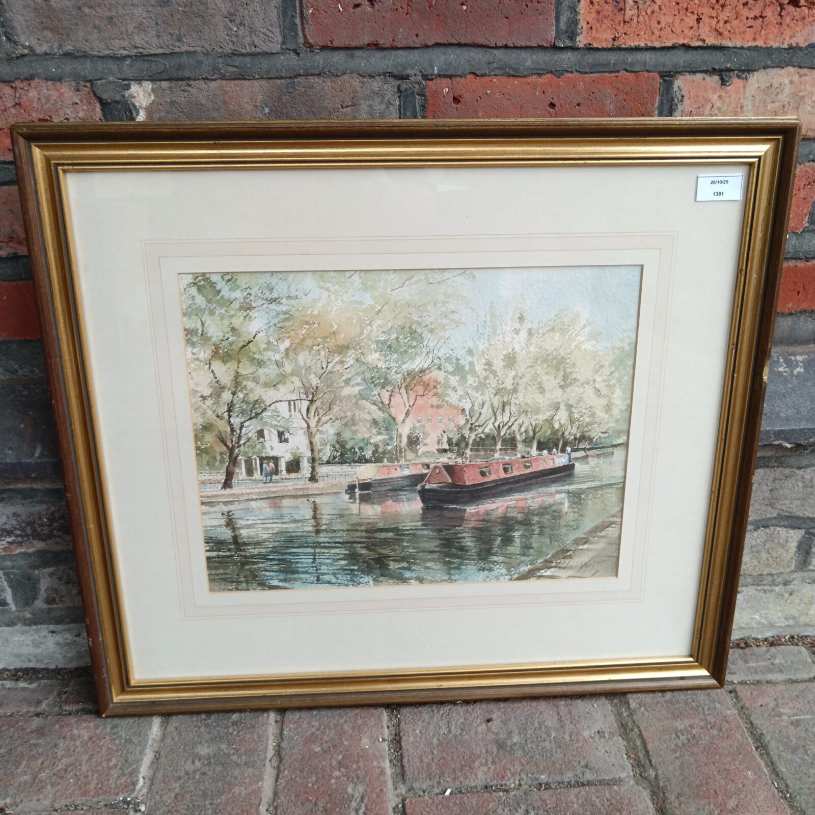 Front view of G M Lambert watercolour painting of a canal barge.