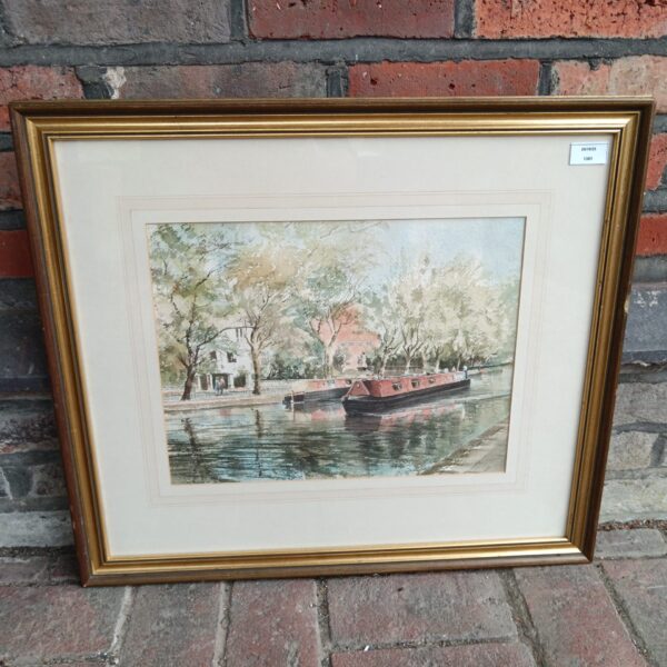 Front view of G M Lambert watercolour painting of a canal barge.