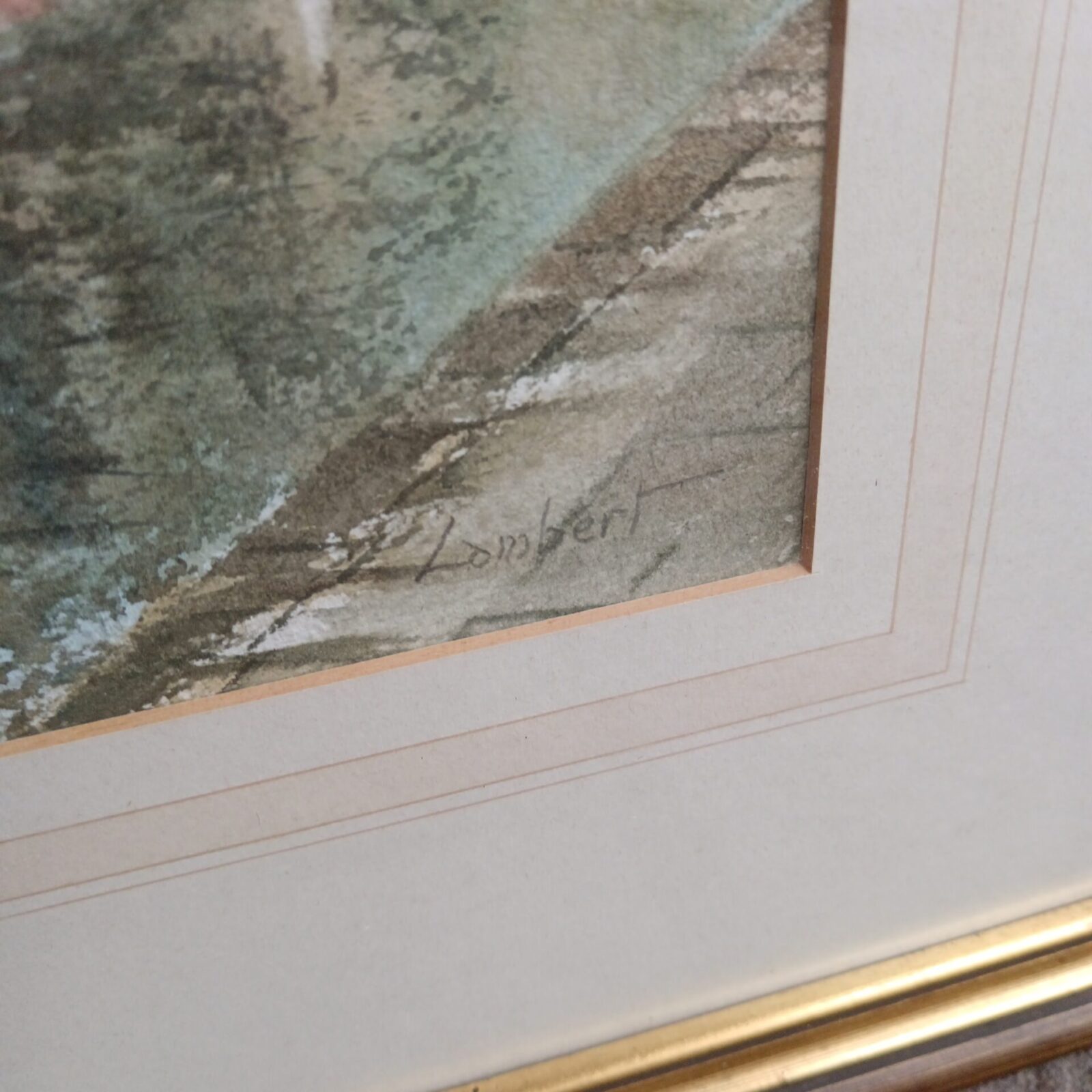 Side view of G M Lambert watercolour painting with gilt frame.