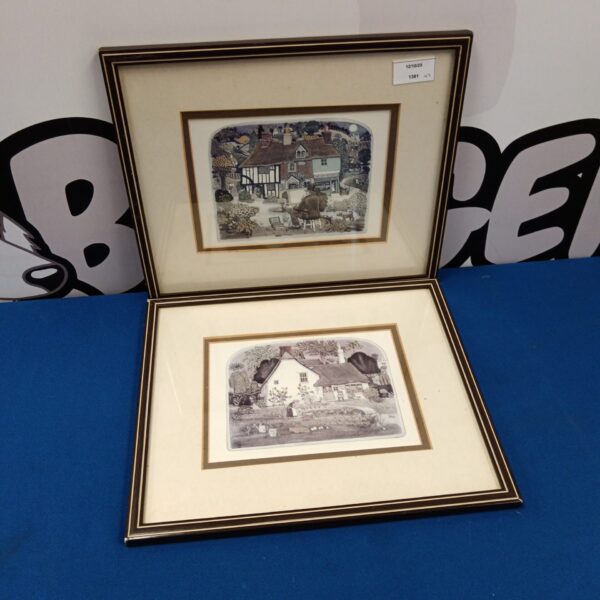 Pair of humorous Graham Clark cottage prints depicting night scenes.