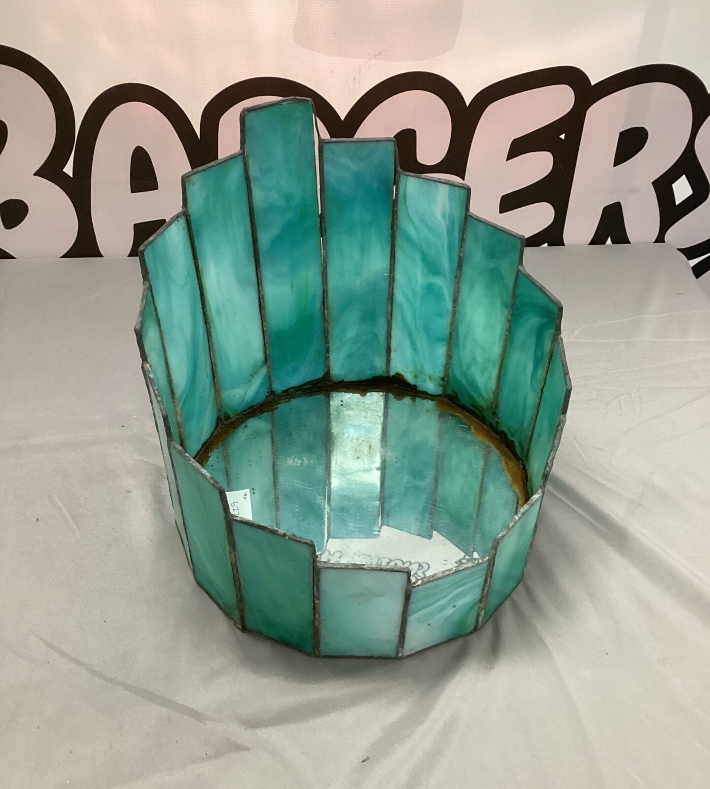Vintage green slag glass terrarium, Arts and Crafts style planter.
