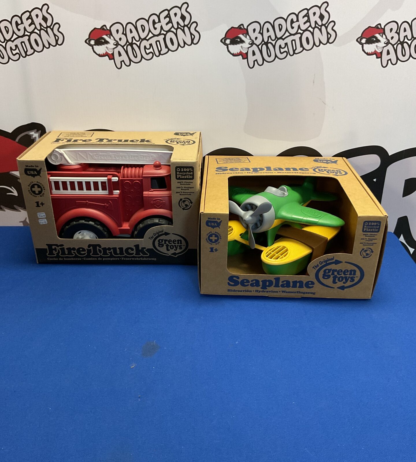Vintage Green Toys firetruck and seaplane lot for collectors.