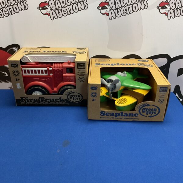 Vintage Green Toys firetruck and seaplane lot for collectors.