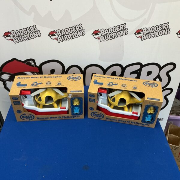 Boxed Green Toys rescue boat and helicopter set for collectors.