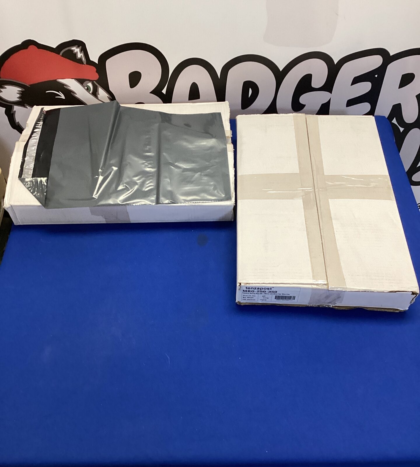 Grey polythene mailing bags in boxes, ideal for secure shipping.