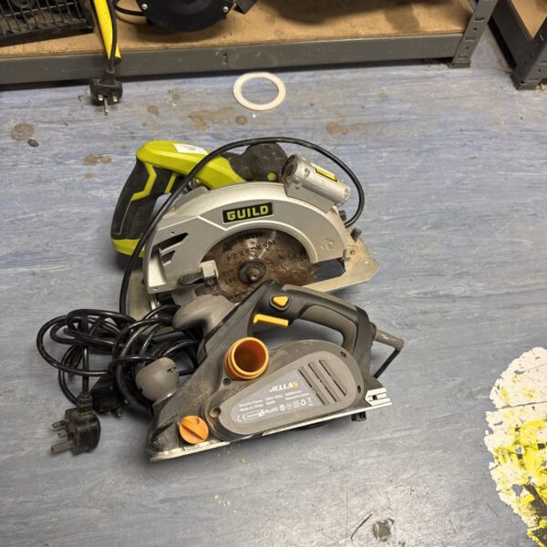 Vintage Guild circular saw and Jellas electric planer for woodworking.