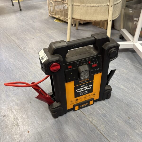 Halfords 6-in-1 jump starter pack, showing the device and controls.