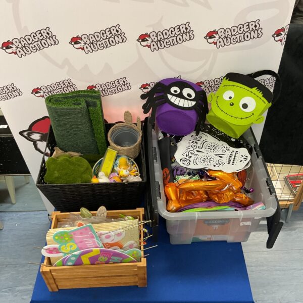 Mixed lot of Halloween and Easter decorations with artificial turf.