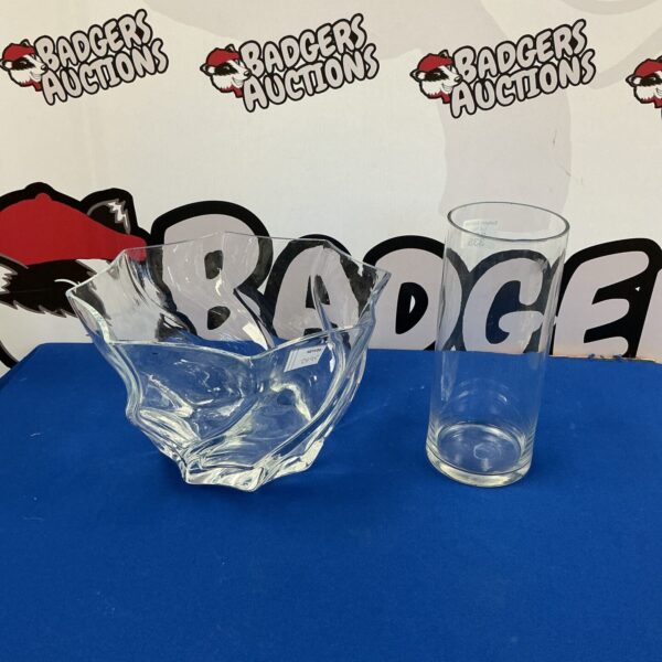 Clear glass handmade fruit bowl with integrated vase.